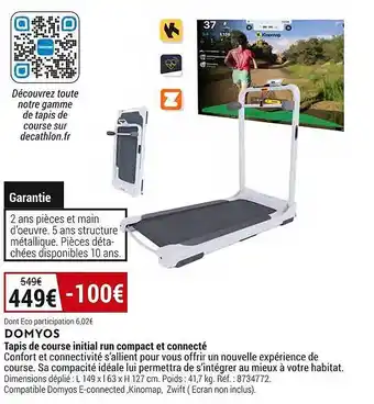 Decathlon Tapis de course initial run compact et connecté domyos offre