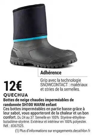Decathlon Bottes de neige chaudes imperméables de randonnée sh100 warm enfant quechua offre