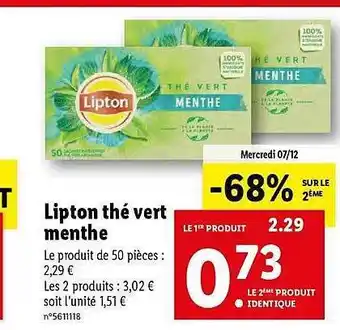 Lidl Lipton thé vert menthe offre