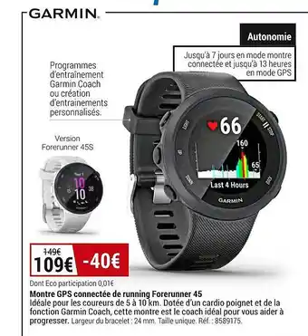 Decathlon Montre gps connecté de running forerunner 45 garmin offre