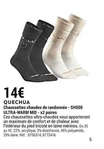 Decathlon Chaussettes chaudes de randonnée - sh500 ultra-warm mid - x2 paires quechua offre