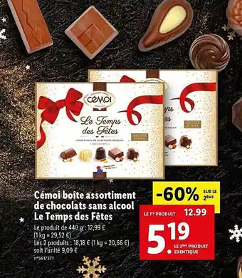 Lidl Cémoi boîte assortiment de chocolats sans alcool le temps des fêtes offre