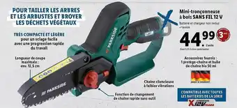 Lidl Mini-tronçonneuse à bois sans fil 12v parkside offre