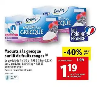 Lidl Yaourts à la grecque sur lit de fruits rouges envia offre