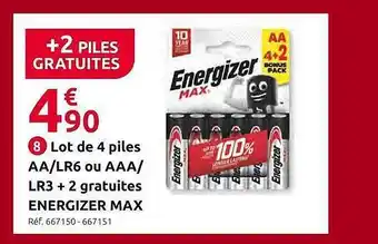 Mr Bricolage Lot de 4 piles aa, lr6 ou aaa lr3 energizer max offre