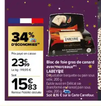 Carrefour Market Bloc de Foie Gras de Canard Avec Morceaux Labeyrie offre