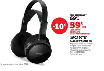 Super U Sony Casque tv sans Fil offre