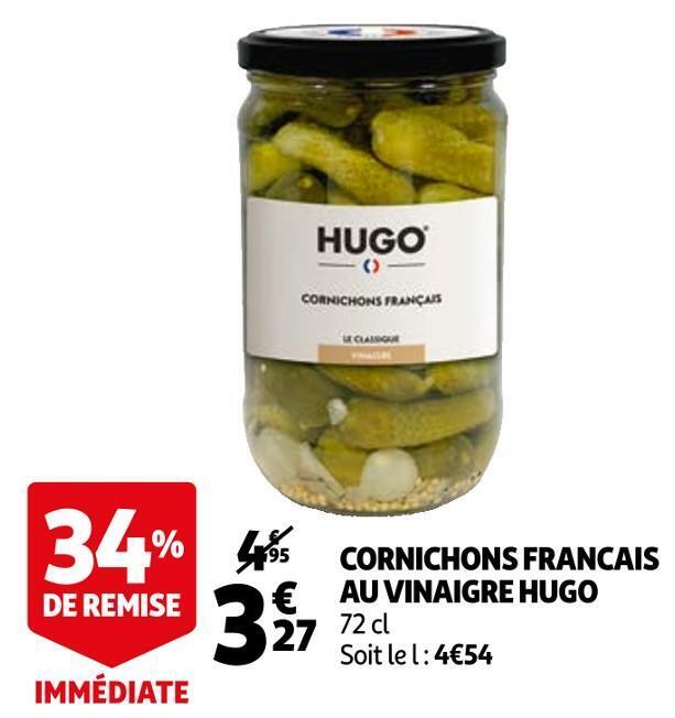 Promo Hugo cornichons francais au vinaigre chez Auchan