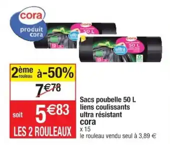 Cora x Carrefour Sacs poubelle 50 L liens coulissants ulra résistant CORA offre