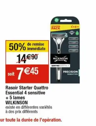 Rasoir Starter Quattro Essential 4 Sensitive +5 Lames Wilkinson