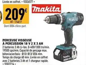 Perceuse visseuse à percussion 18v 2 x 3ah makita