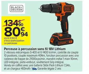 Carrefour Perceuse à percussion sans fil 18v lithium black + decker offre