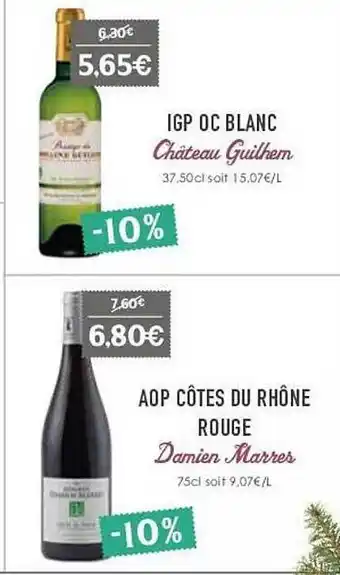 Naturalia Igp oc blanc château guilhem, aop côtes du rhône rouge damien marres offre