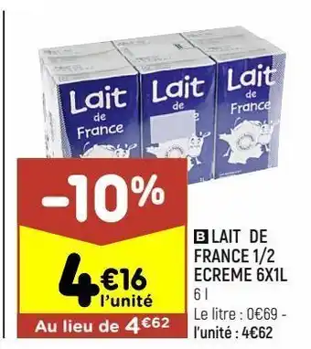 Leader Price Lait de france 1/2 écrémé 6x1l offre