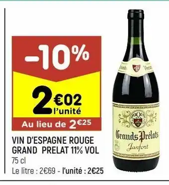 Leader Price Vin d'espagne rouge grand prelat 11% vol offre