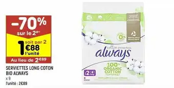 Leader Price Serviettes long coton bio always offre