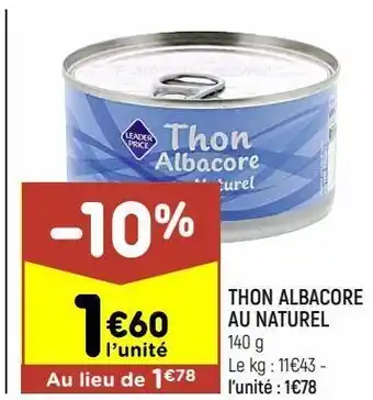 Leader Price Thon albacore au naturel offre