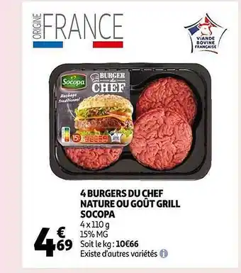 Auchan 4 burgers du chef nature ou goût grill socopa offre