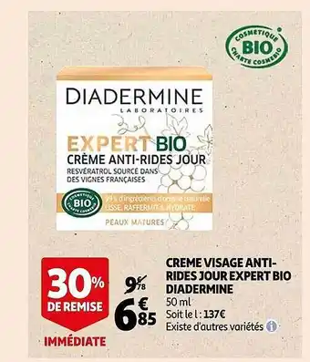 Auchan Crème visage anti-rides jour expert bio diadermine offre