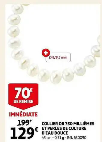 Auchan Collier or 750 millièmes et perles de culture d'eau douce offre