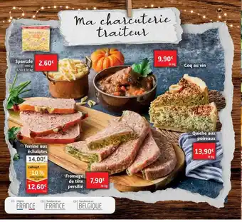 Colruyt Spaetzle, terrine aux échalotes, fromage de tête persillé, quiche aux poireaux, coq au vin offre