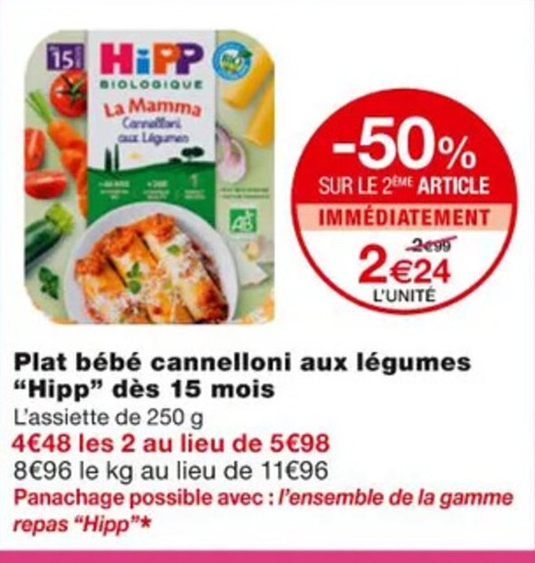 Promo Plat Bébé Cannelloni aux Légumes Hipp dès 15 Mois chez Monoprix