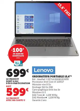 Super U Lenovo Ordinateur Portable 15,6 offre