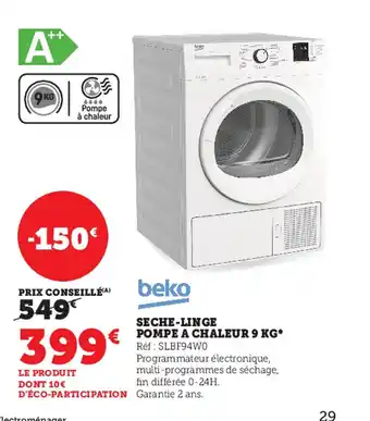 Super U Beko Seche-Linge Pompe A Chaleur 9kg offre