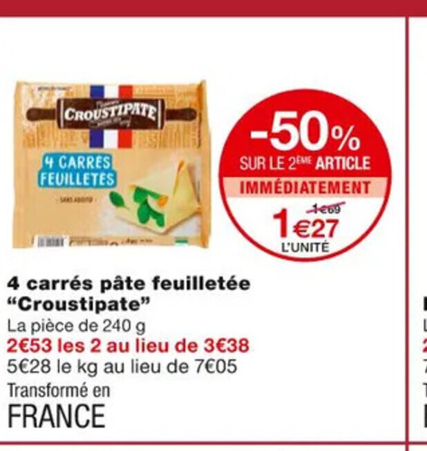 Promo 4 Carres Pâte feuilletée Croustipate chez Monoprix
