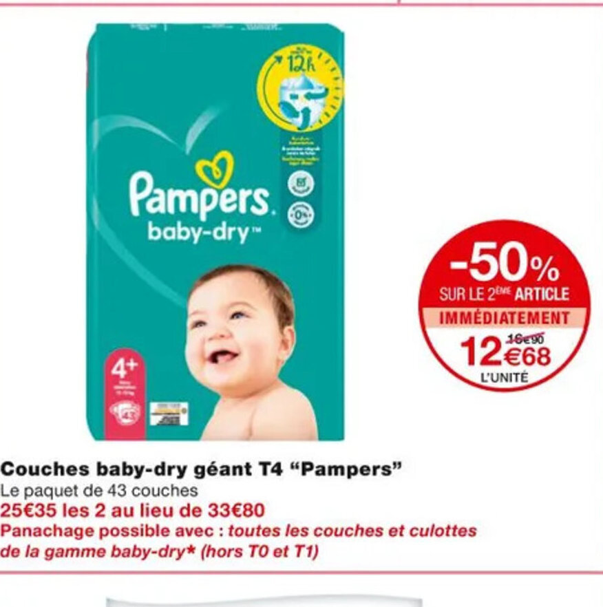Promo Couches BabyDry Geant T4 Pampers chez Monoprix
