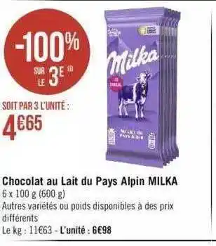 Géant Casino Chocolat au lait du pays alpin milka offre