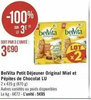 Géant Casino Belvita petit déjeuner original miel et pépites de chocolat lu offre