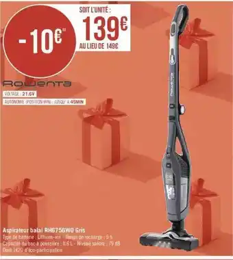 Géant Casino Aspirateur balai rh6756w0 gris rowenta offre