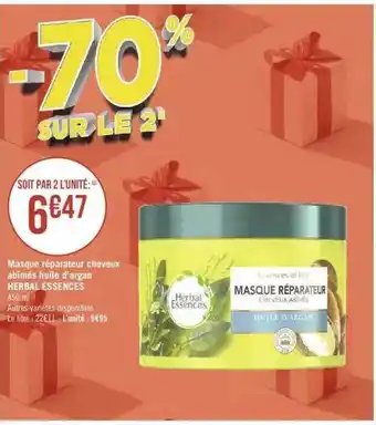 Géant Casino Masque réparateur cheveux abimés huile d'argan herbal essences offre