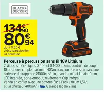 Carrefour Perceuse à Percussion Sans Fil 18V Lithium offre