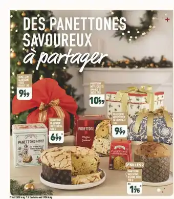 Panettone classique tissu rouge 1 kg, panettone boîte croûte amande et sucre 1 kg, panettone classique boîte métal 500 g, pan