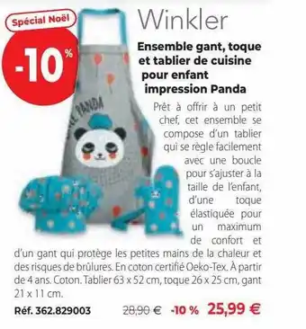 Mathon Ensemble gant, toque et tablier de cuisine pour enfant impression panda winkler offre