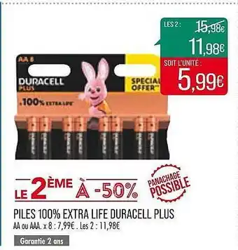 Match Piles 100% extra life duracell plus offre