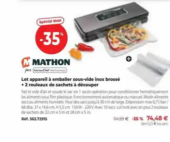 Mathon Lot appareil à emballer sous-vide inox brossé + 2 rouleaux de sachets à découper offre