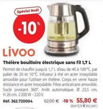 Mathon Théière bouilloire électrique sans fil 1,7l livoo offre