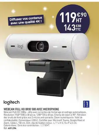 Webcam full hd brio 500 avec microphone logitech