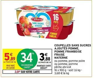 Intermarché Coupelles sans sucres ajoutés pomme, pomme framboise fraise materne offre