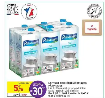 Intermarché Express Lait uht demi-écrémé briques pâturages offre