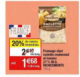 Migros Fromage râpé raclette emmental et tomme 27% m.g. riches monts offre