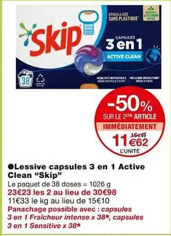 Monoprix Lessive capsules 3 en 1 active clean offre