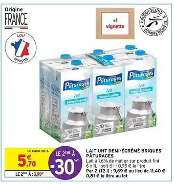 Intermarché Hyper Lait uht demi-écrémé briques pâturages offre