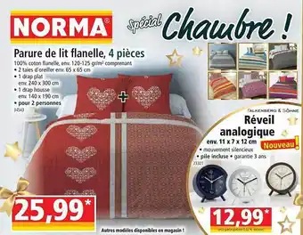 Norma Parure de lit flanelle, 4 pièces, réveil analogique offre