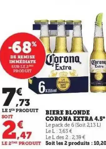 Super U Bière blonde corona extra 4.5° offre