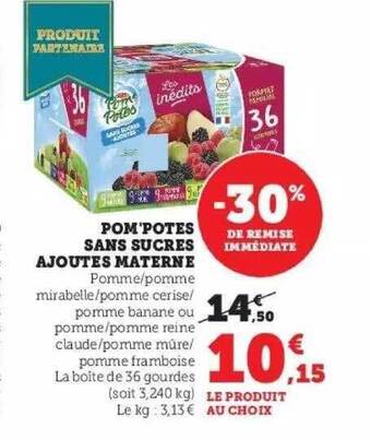 Super U Pom'potes sans sucres ajoutés materne offre