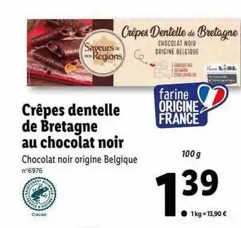 Lidl Crêpes dentelle de bretagne au chocolat noir saveurs de nos régions offre